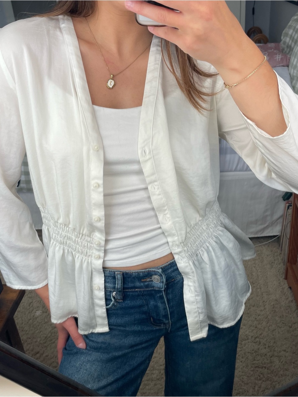 White Satin Flowy Button Down Blouse